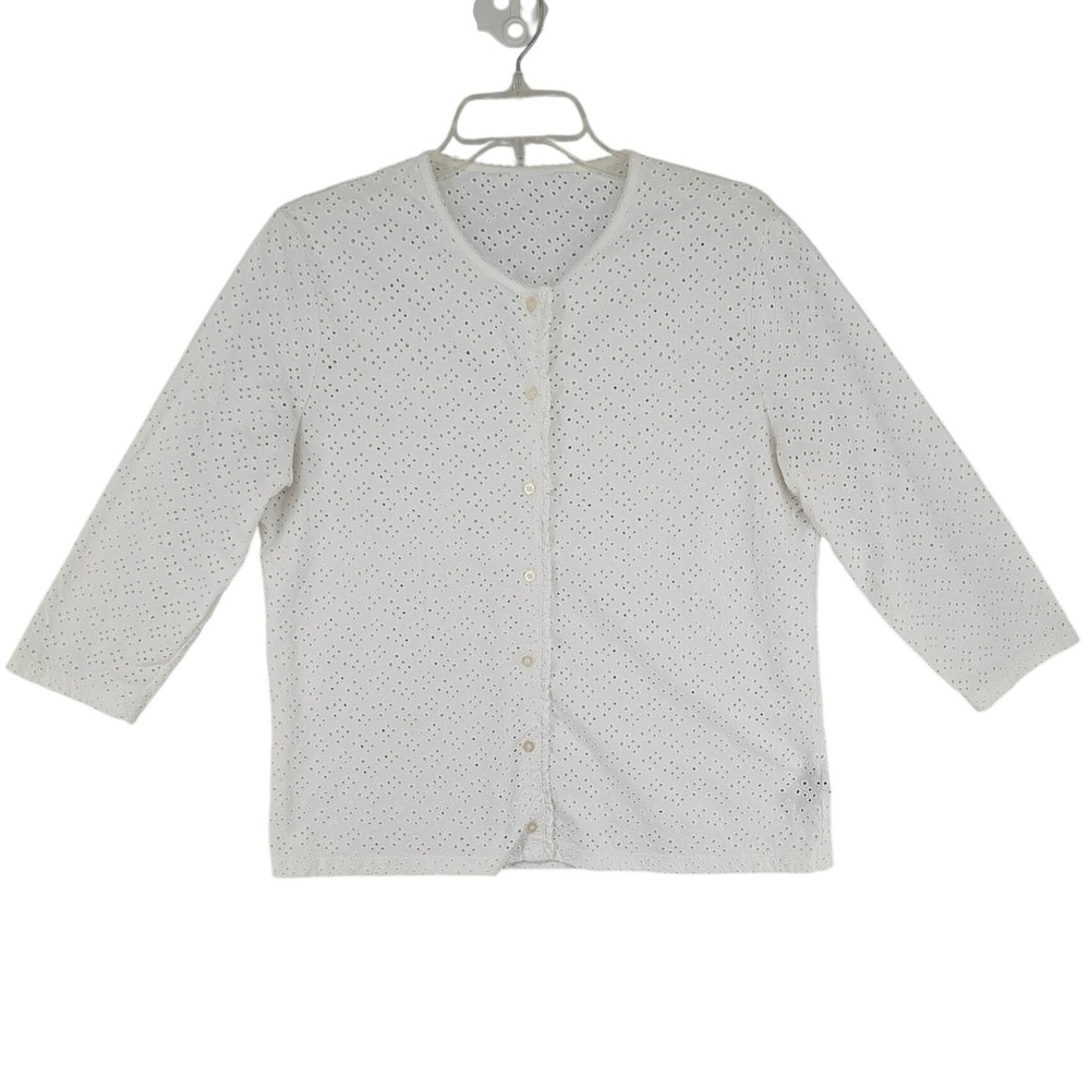 Ralph Lauren White Eyelet Lace Button Front Cardigan 3/4 Sleeve Top Cottagecore
